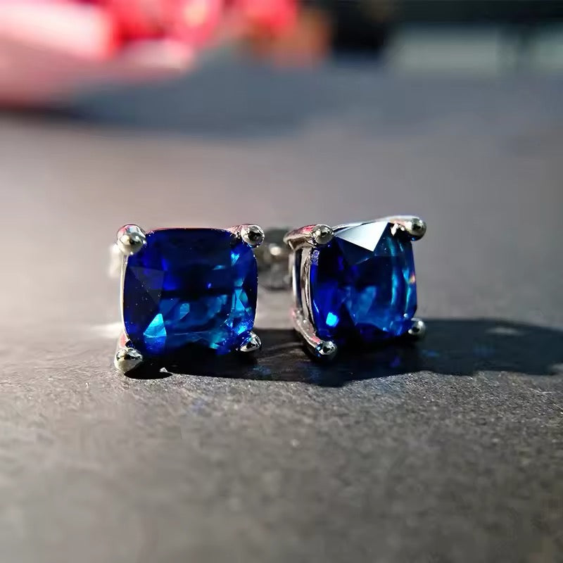 Ceylon Blue sapphire 14K White Gold Plated Unisex Women Stud Earrings 5MM Gifts