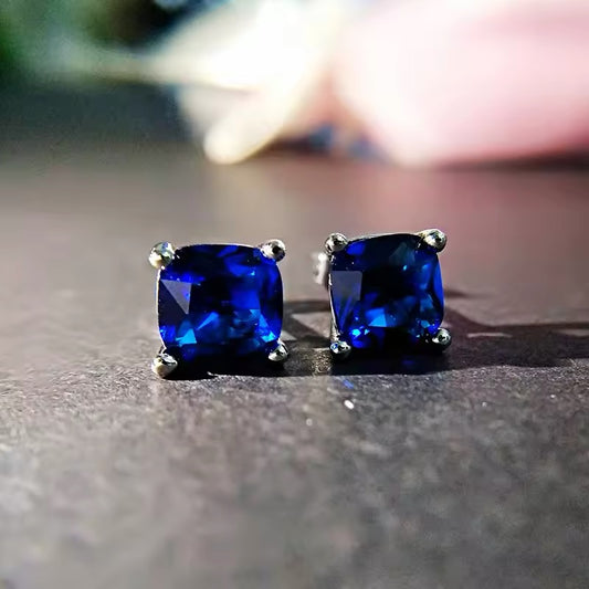 Ceylon Blue sapphire 14K White Gold Plated Unisex Women Stud Earrings 5MM Gifts
