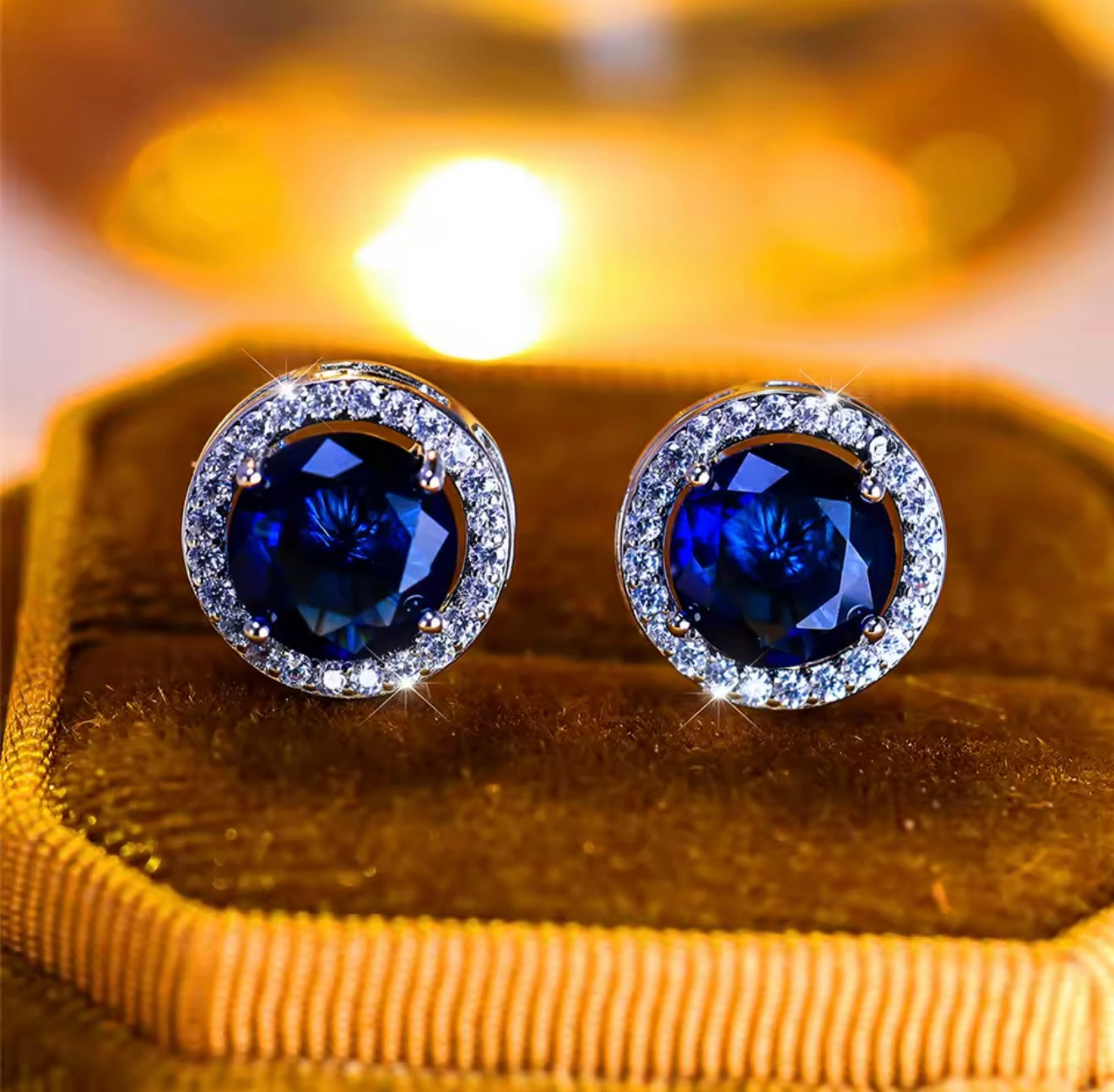 2 Ct Round Lab Created Blue & White Sapphire Halo Stud Earrings 14K White Gold