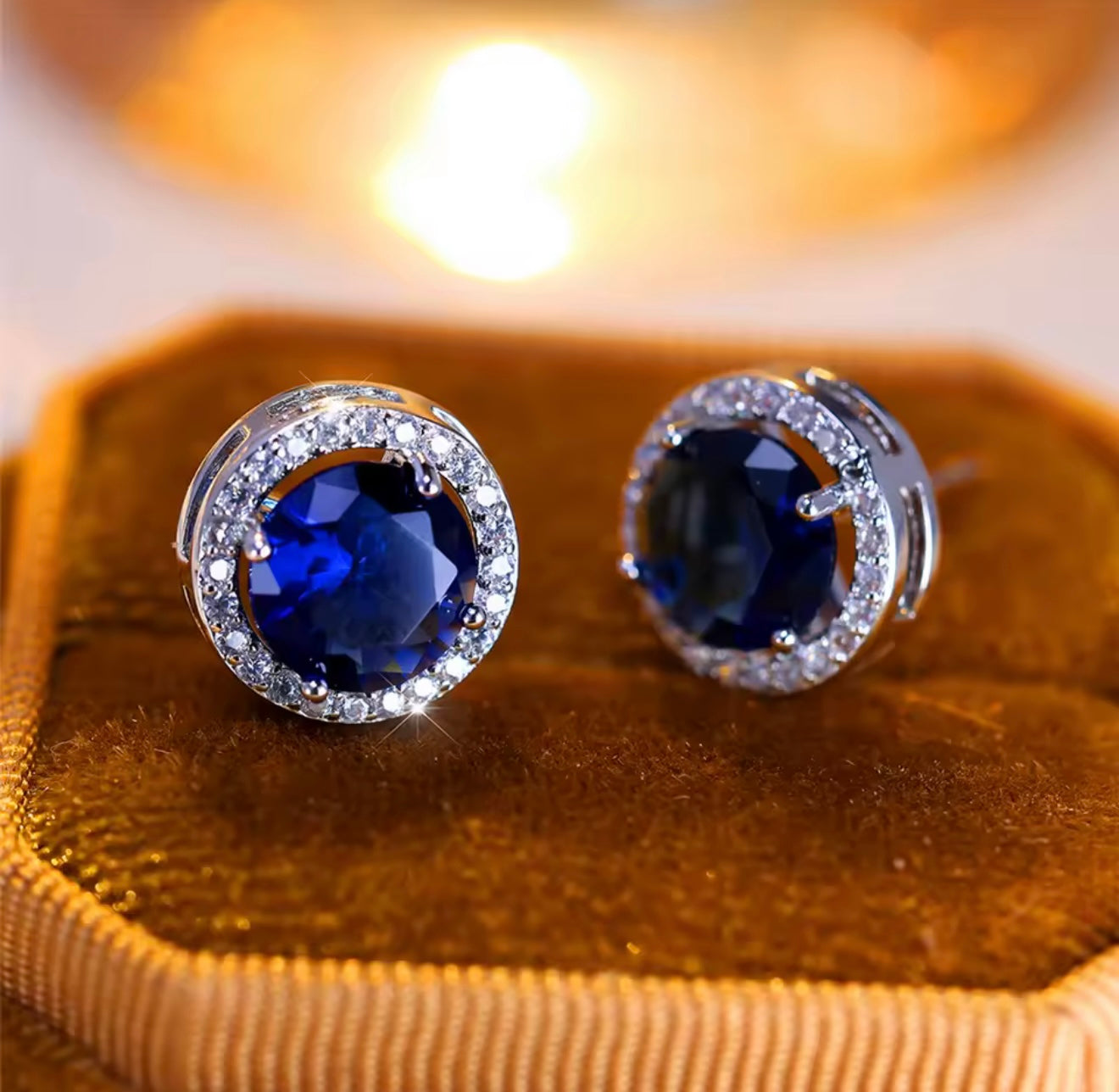 2 Ct Round Lab Created Blue & White Sapphire Halo Stud Earrings 14K White Gold