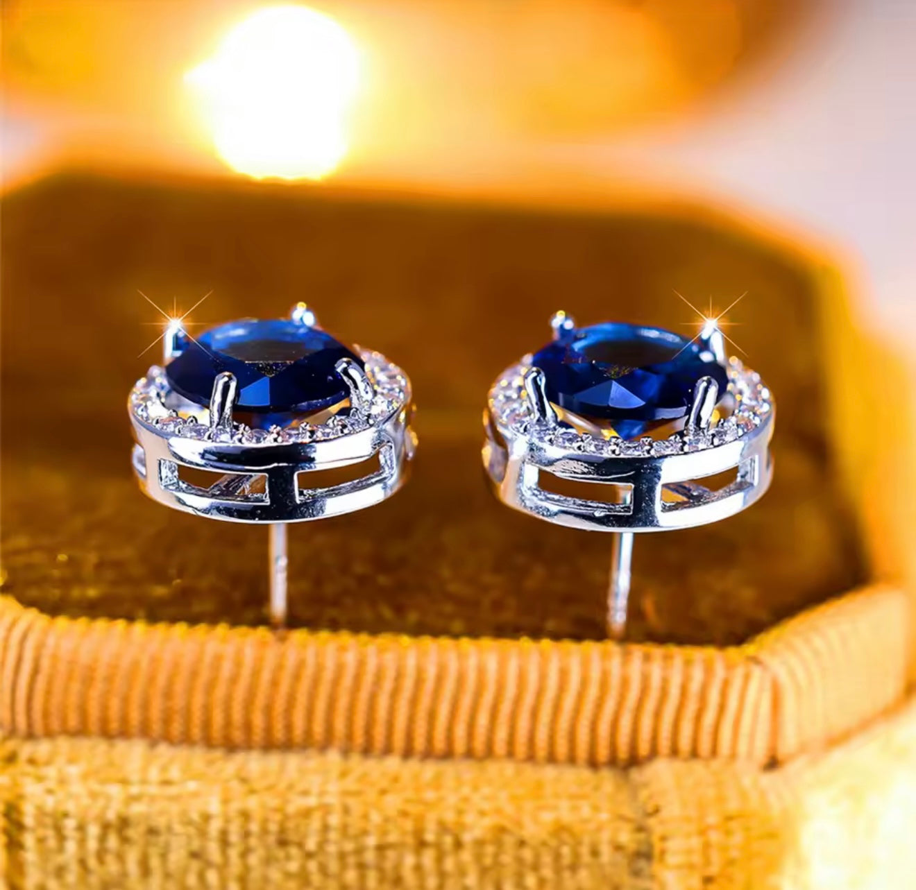 2 Ct Round Lab Created Blue & White Sapphire Halo Stud Earrings 14K White Gold