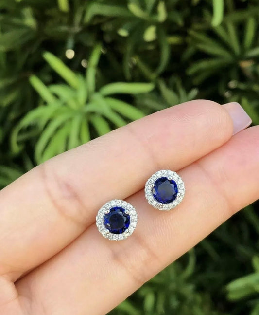 2 Ct Round Lab Created Blue & White Sapphire Halo Stud Earrings 14K White Gold