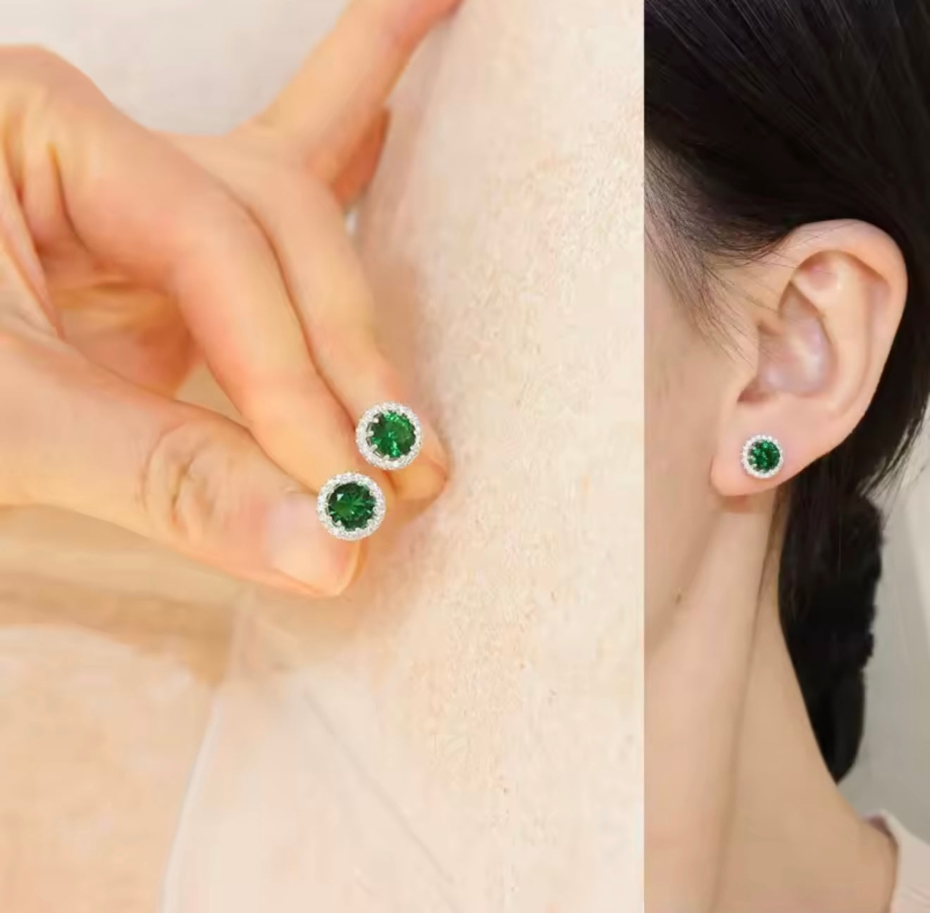 4 Ct Round Lab Created Green & White Sapphire Halo Stud Earrings 14K White
Gold