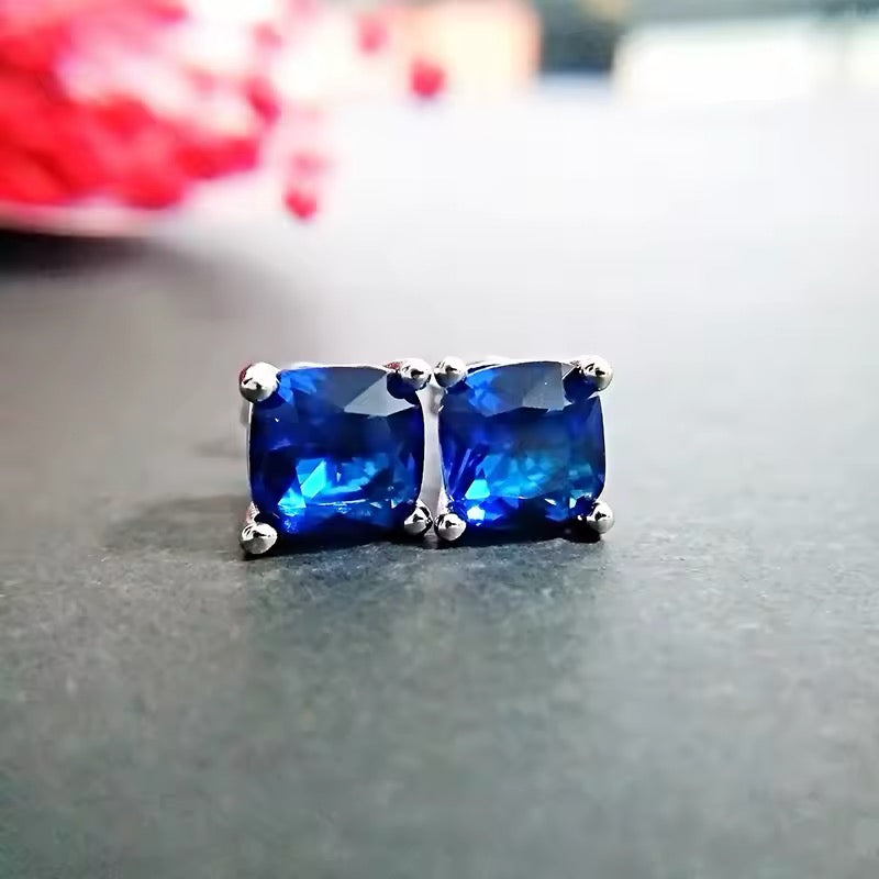 Ceylon Blue sapphire 14K White Gold Plated Unisex Women Stud Earrings 5MM Gifts