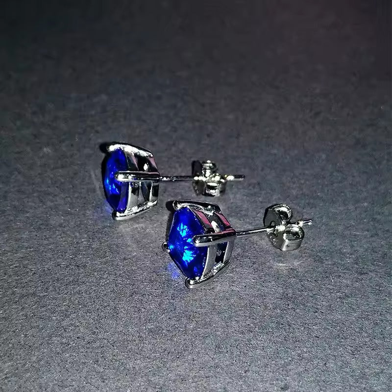 Ceylon Blue sapphire 14K White Gold Plated Unisex Women Stud Earrings 5MM Gifts