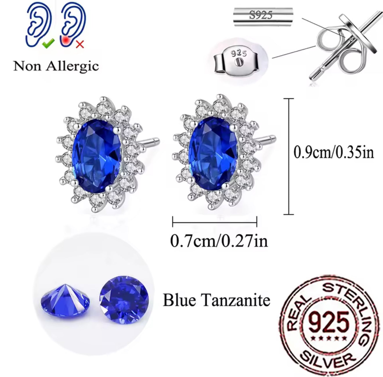 Natural Ceylon Blue sapphire Sterling Silver 925 Women Stud Earrings 6mm Gifts