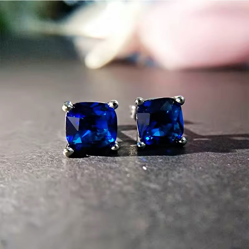 Ceylon Blue sapphire 14K White Gold Plated Unisex Women Stud Earrings 5MM Gifts