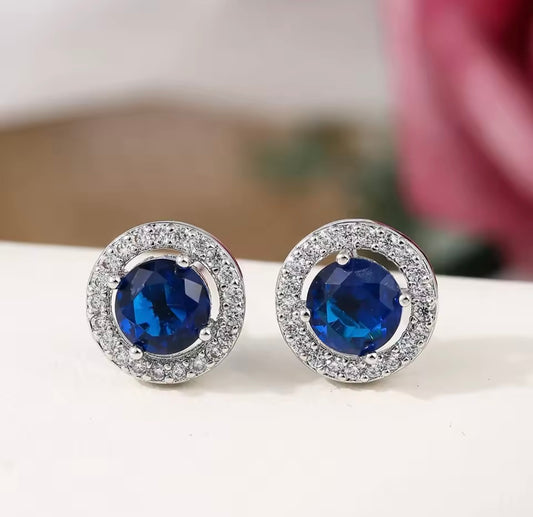 2 Ct Round Lab Created Blue & White Sapphire Halo Stud Earrings 14K White Gold