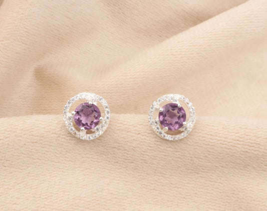 Natural Amethyst Gemstone 925 Silver Stud Earrings Jewelry
